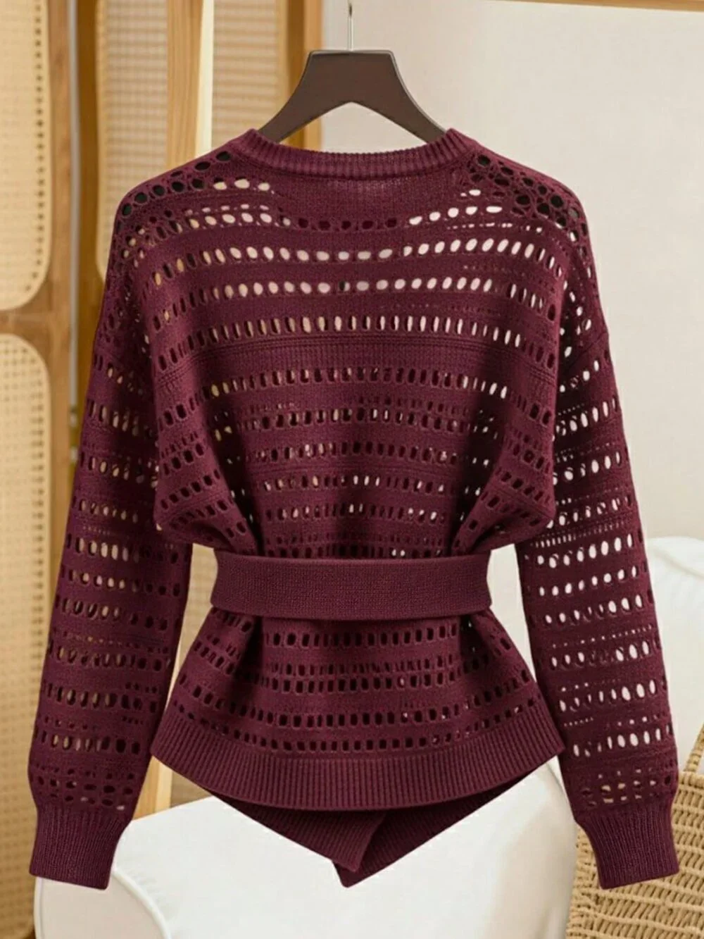 Red Hollow Knit Women's Pullover Sweater Waist, Round Neck, Lantern Sleeve